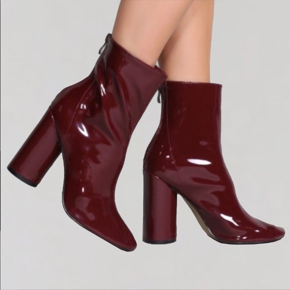 NEW Zara Red Wine Faux Patent Leather Round High Heel Ankle Boots Booties - Picture 5 of 12